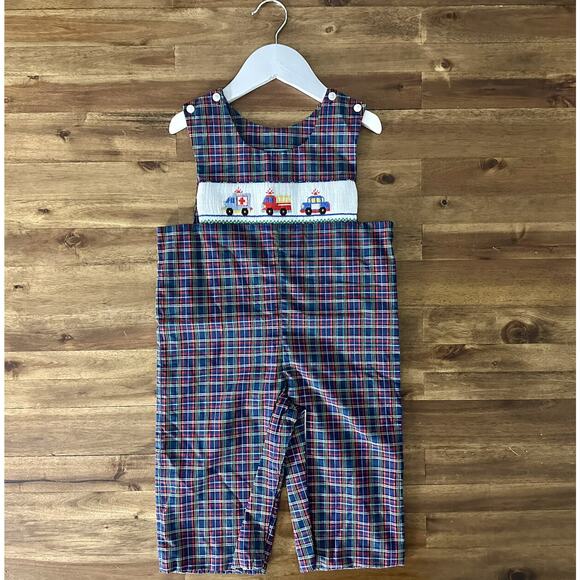 NWT Claire & Charlie Blue Plaid Smocked Emergency Vehicles Longall Classic 24M - Picture 2 of 7